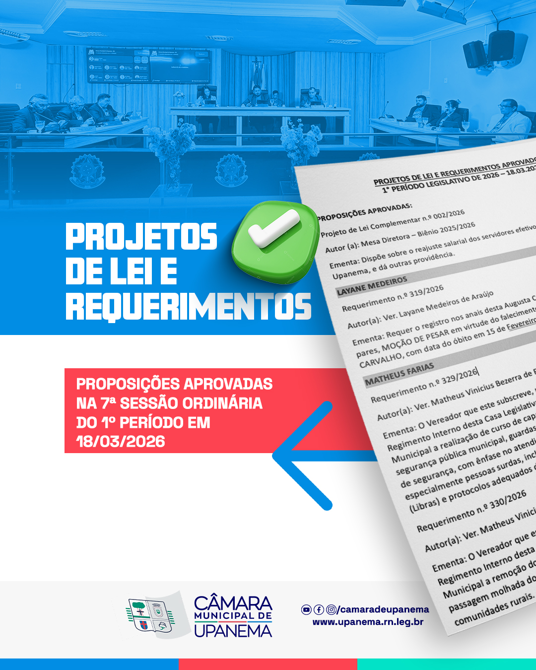 A Câmara Municipal de Upanema aprovou, nessa quarta-feira (18), o Projeto de Lei Complementar do Legislativo Nº 002/2026 e concedeu aos seus servidores efetivos um reajuste salarial de 9,26%.